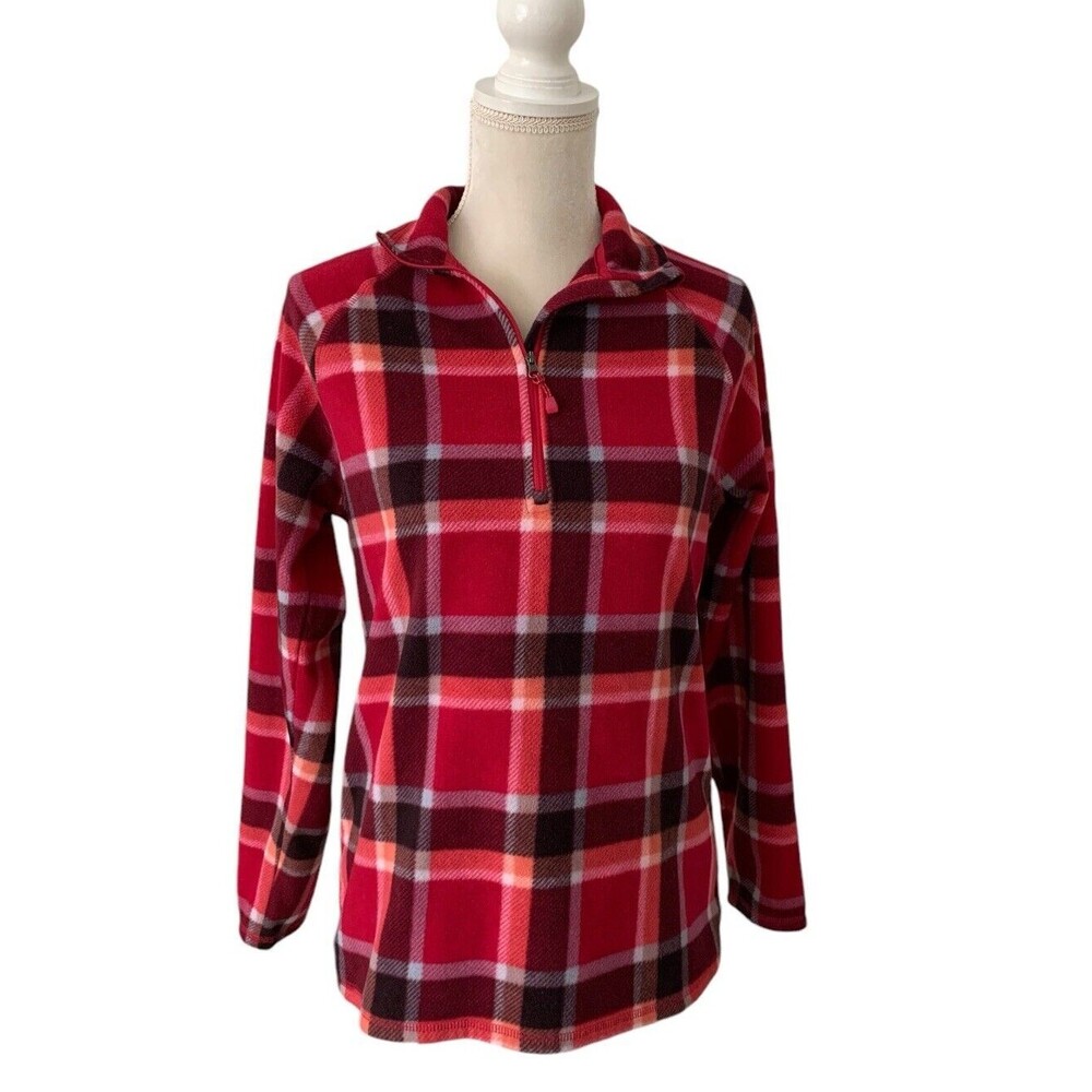 Eddie Bauer 1/4 Zip Fleece Top Women's Size Medium Pink Red Plaid Cozy Outdoors